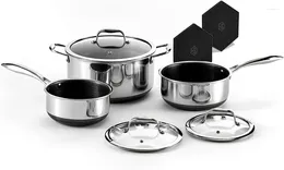 Cookware Sets Hybrid Nonstick 6-Piece Pot Set With Trivets 2 3 And 8-Quart Pots Tempered Glass Lids Silicone Included Dishwashe
