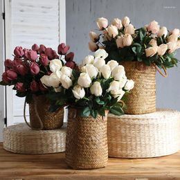 Decorative Flowers 9-Fork Roses Bouquet Simulation Rose Home Decor Bridal Wedding Table Party Decoration Accessories Artificial Flower Dried