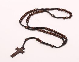 Whole Men Women Catholic Christ Wooden 8mm Rosary Bead Cross Pendant Woven Rope Necklace BlackbrownBeigeligt brown4661534