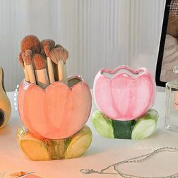 Vases Colorful Ceramic Tulip Vase Ornament Pen Holder Pencil Organizer Makeup Brush Storage Desktop Flower