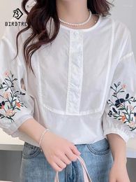 Women's Blouses Spring Cotton Embroidery Shirt Women O Neck Long Sleeve Retro Tops Girl Commute Loose Versatile 2024 Autumn T45244QC