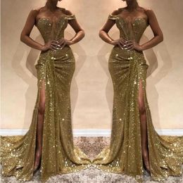 Shiny Sparkle Sequined Evening Dresses Pageant Formal Red Carpet Gowns Sexy Off Shoulder Side Split Arabic A Line Prom Gowns Party Wear 203t