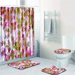Shower Curtains Plant Curtain Set Red Pattern Bathroom Non-slip Carpet Toilet Seat Mat Decoration