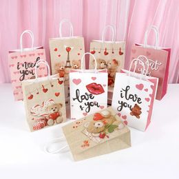 Gift Wrap 5Pcs Cute Cartoon Bear Printed Bags Love Heart Valentine's Day Kraft Paper Candy Packing Bag Wedding Gifts Supplies