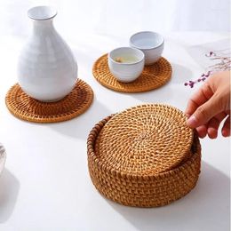 Tea Trays 6PCS/Set Coasters Kitchen Table Mats Rattan Bowl Placemat Pad Padding Mat Insulation Round Placemats Woven