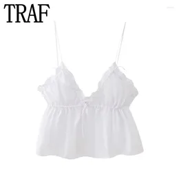 Women's Tanks White Crop Top Woman 2024 Ruffle Backless Sleeveless Female Sexy Summer Tops With Straps Coquette Fashion Short