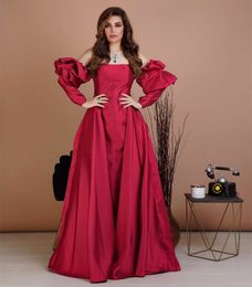 Vestidos de baile de tafetá vermelho de manga comprida elegante com bainha de fenda, comprimento do chão, vestir vestidos de baile para mulheres para mulheres