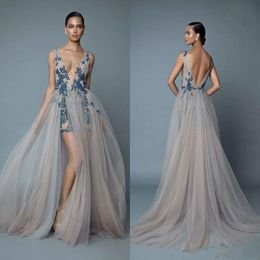 Sexy Berta High Slit Silver Prom Dresses Bohemian Style Backless Straps With Navy Lace Beaded Long formal Evening Gowns Fitted Cocktail 269Y