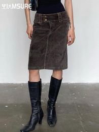Skirts IAMSURE Basic Solid Corduroy Straight Skirt Vintage Casual Mid-Waisted Midi Women 2024 Autumn Winter Streetwear Ladies