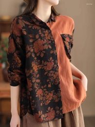 Women's Blouses Johnature Women Vintage Print Floral Shirts Linen Patchwork Pockets Turn-down Collar Long Sleeve 2024 Spring