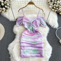 Party Dresses Summer Women Tie Dye Print Suspender Dress 2024 Sexy Twist V Neck Cold Shoulder Short Sleeve Slim Bodycon Mini
