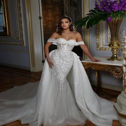 Gorgeous Lace Wedding Dress With Detachable Train Off The Shoulder Sequined Mermaid Saudi Arabia Bridal Gowns robes de mariee 242S