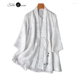 Women's Jackets 2024 Summer Natural Mulberry Silk Jacquard Satin V-neck Middle Sleeve White Cardigan Coat