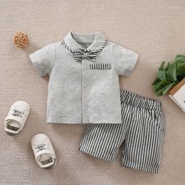 Clothing Sets Born Baby Boys Set Casual Fashion Vertical Gentleman Bow Comfortable Cotton Grey Short Sleeve Summer Two Piece