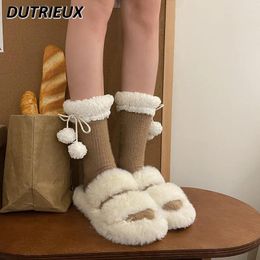 Women Socks Winter Soft Glutinous Lamb Wool Sweet Stocking Lace Ball Rex Fur Warm Girl Student Mid-Calf Length Loose