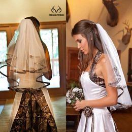 Camo Bridal Veils In Stock Bride Veil Elbow Length Two-Layer Simple Handmade Noble Tulle Camo Ribbon Edge Wedding Veil Headwear Comb 253P