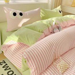 Bedding Sets Fresh Cream Style Striped Minimalist Embroidered Big Eye Four-piece Bed Quilt Cover Fitted Sheet Dormitory Three-piece