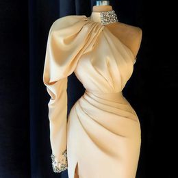 Beige Elegant Sheath Cocktail Dresses Long Sleeves Pleats One Shoulder Beaded High Jewel Neck Mini Short Prom Party Wear Evening Dress 215w