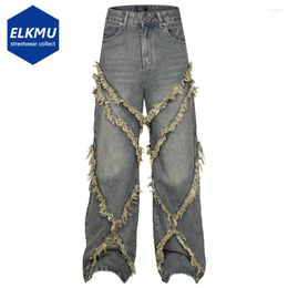 Men's Jeans Tassel Patchwork Vintage Men Streetwear Hip Hop Baggy Trousers Black Blue Retro Loose Denim Pants Y2K