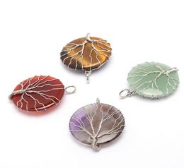 Natural Gemstone Hand Woven Tree Of Life Men Women Pendant Wrapping Disc shape Stone Charm Necklace Amethyst Green Aventurine Reiki Healing Jewelry3261305
