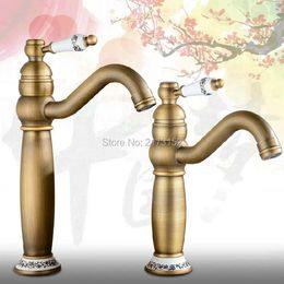 Bathroom Sink Faucets Tall Antique Brass Faucet Ceramic Handle Holder Long Mouth Basin Mixer Tap A-039