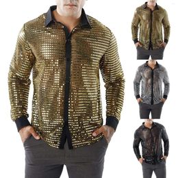 Men's Casual Shirts Mens Long Sleeved Performance Wear Sequin Shirt Lapel 70s Disco Party Trend Harajuku Streetwear