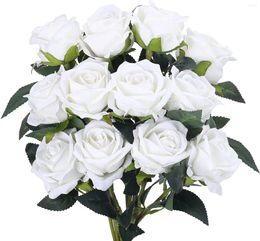 Decorative Flowers Artificial Rose Bouquet 12PCS Silk Roses With Stems White Realistic Blossom For Bridal Wedding