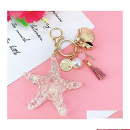 Key Rings Key Rings Fantasy Cartoon Sea World Pearl Shell Starfish Keychain Pentagram Crystal Chain Ladies Bag Car Alloy Pendant Jewel Dhrbb