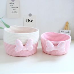 Bow knot woven cotton rope storage basket for childrens toys keys cosmetics desktop Sundries organizer box baby dirty clothes washing machine 240426