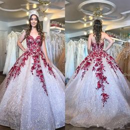 Sparkly Sexy burgundy Lace Beaded Quinceanera Prom dresses Sexy Sweetheart Sequined Ball Gown Evening Party Sweet 16 Dress 260f