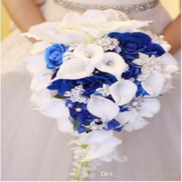 2018 high set white calla lily blue rose hydrangea DIY pearl crystal brooch waterfall wedding bridal bouquet 248G