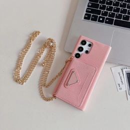 Designer Phone Case for Apple iPhone 15 Pro Max 14 Samsung Galaxy S24 Note 20 Ultra Luxury PU Golden Chains Crossbody Card Pocket Holder Wallet Lens Bump Back Cover Pink