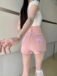 Women's Shorts Korean Summer Bow Embroidery Technology High Waist Denim Women Kawaii Sweet Style Hip Elastic Slim Pants