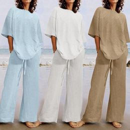 Women's Two Piece Pants Summer Casual Half Sleeve Wide Leg Pant Suits Women Vintage Solid Color Loose Oversized Home Daily Cotton Linen
