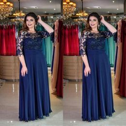 Plus Size Navy Blue A-Line Lace Mother of Bride Groom Dress Jewel Neck Chiffon Floor-Length 1 2 Sleeve Formal Dress Evening Gowns Custo 231b