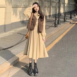 Work Dresses Lucyever Korean Fashion Long Dress Women Brown Khaki Turndown Collar Full Sleeve Elegant Cashmere Vest And Sets