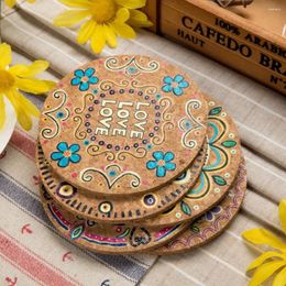 Table Mats 4pcs Natural Cork Round Cup Mat Drink Coasters Heat-Resistant Patterned Pot Holder For Coffee Tabletop Kitchen Tools