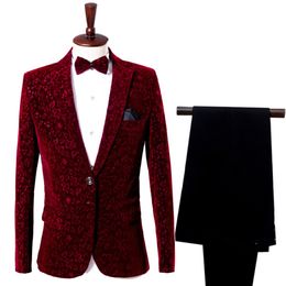 Men Blazers Pants Wine Red Velvet Jacket Burgundy Suit Jacket Costume Homme Mens Stage Wear Floral 2507