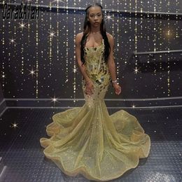 Gold Crystal Prom Dresses 2024 Blackgirl Sweetheart Sparkly Sequin Backless African Black Girl Formal Party Gowns