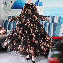 Ethnic Clothing 2024 New Floral Print Party Long Dress Women Vestidos Elegant Pleated Chiffon Kaftan Muslim Abaya Islamic Clothing Arab Robes T240510