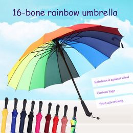 16K Long Straight Handle Umbrella Strong Windproof Solid Colour Pongee Umbrellas Rainbow Men Women Sunny Rainy Bumbershoot BHFF8663