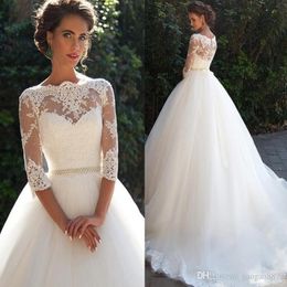 Vintage Lace A-Line wedding dresses sheer High Neck with half Long Sleeves Pearls sash Princess custom made Cheap Bridal Dresses Plus S 302J