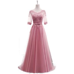 A-line Half Sleeves Lace Elegant Evening Dresses Prom Party Dress Blue Pink Grey White Red Evening Gown 2020 Long Formal Dress 257O