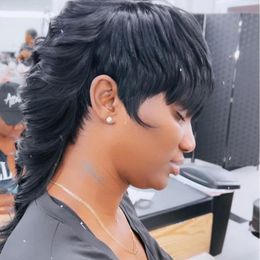 Short Mullet Pixie Cut Wigs Full Machine Made Wig With Bangs Dovetail Brazilian Remy Human Hair Wigs For Women Model Length