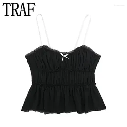 Women's Tanks Bow Ruffle Crop Top Women Black Sleeveless Tank With Straps Ruched Backless Short Tops Woman 2024 Sexy Summer