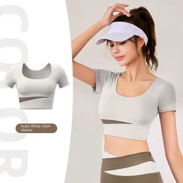 Women's Tanks Nude Umbilical Yoga Clothes Sports Short-sleeved Quick-drying Color-matching Fitness Tops With Chest Pads