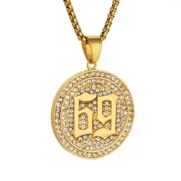 Pendant Necklaces Hip Hop Iced Out Bling 69 Saw Rapper Male Gold Color Stainless Steel Round CZ Necklace For Men Party Jewelry Gift