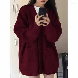 Women's Knits Korean Fashion Female Red Lazy Wind Loose Fitting V-neck Cardigan Knitting Sweater Women Cardigans Knitwear Tops Coat
