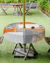 Table Cloth Oil Painting Abstract Geometric Orange Grey Round Waterproof Tablecloth With Zipper Umbrella Hole Cover For BBQ Gatherings