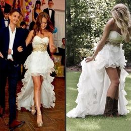 Sweetheart Country Boho Wedding Dresses Gown High Low Gold Lace Beads Strapless Ruched Bridal Gowns Short Front Long Back Train Vestido 235h